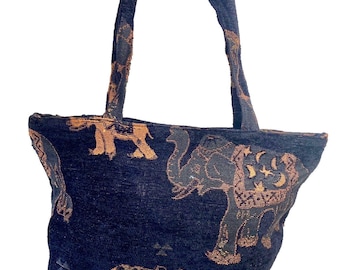 Elephant Tote Shopping Bag Black Woven Beaded India 15 x 13 Double Handle Large