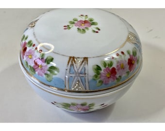 Antique Nippon Hand Painted Trinket Covered Box Pink Flowers Porcelain