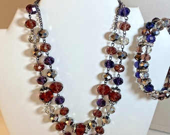 Vintage Crown Trifari Purple Lavender Necklace Bracelet Set Bead Rhinestone