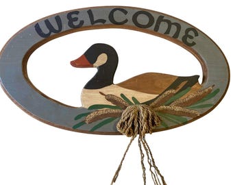 Duck Lake Welcome Sign Cottage Handmade 19x10.5 inch VTG Painted Wood