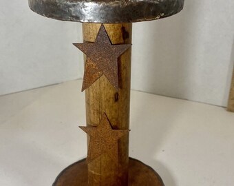 Antique Mill Wood Thread Spool Candle Holder Textile Primitive 9 in w Stars