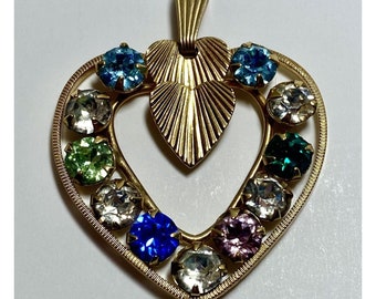 Vintage Double Heart Rhinestone Pendant 12K GF Curtis Creations Signed