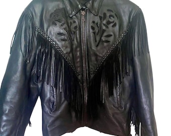 VTG Hudson Leather Jacket Womens Black Biker M Fringe Lining Rose Cutouts