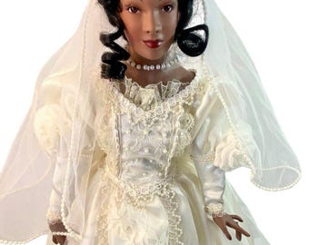 Paradise Galleries African American Bride Porcelain Doll 18.5" w Stand B389 Sgn