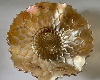 Carnival Glass Marigold Fish Scales Beads Small Footed Dish Ruffled Dugan 6.5 in