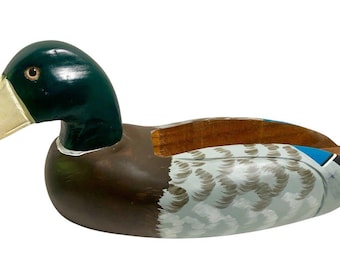 Vintage 14 Carved Wooden Mallard Duck Match Stick Holder Cabin Lodge Decor