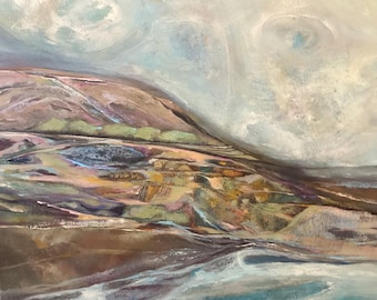 May include: Abstract landscape painting with a muted color palette. The painting features a rolling hill in the foreground with a cloudy sky above. The colors are mostly browns, greens, and blues.