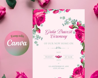 Plantilla de invitación de boda editable con diseño floral de rosas rosas, descarga instantánea en Canva.
