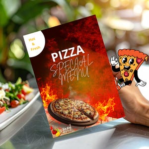 May include: A pizza special menu with a fiery background and a cartoon pizza slice. The menu features a whole pizza on a wooden board, with the words "PIZZA SPECIAL MENU" in white. The top left corner has a white circle with "Hot & Fresh".