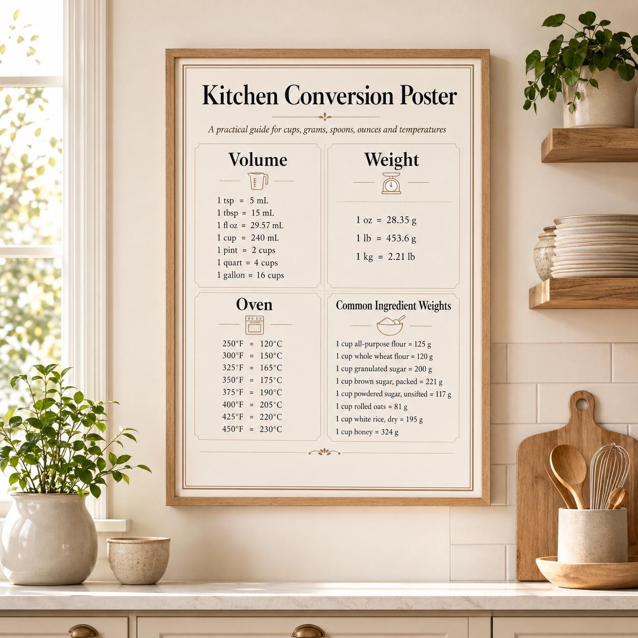 Kitchen Conversion Chart Poster — Printable Measurement Guide | Digital ...