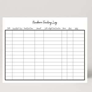 Könnte beinhalten: Ein weißes Blatt Papier mit den Worten "Newborn Feeding Log" in einer handschriftlichen Schriftart. Das Protokoll enthält Spalten für Datum, Uhrzeit, Menge und andere Details. Das Papier befindet sich auf einem hellgrauen Hintergrund.