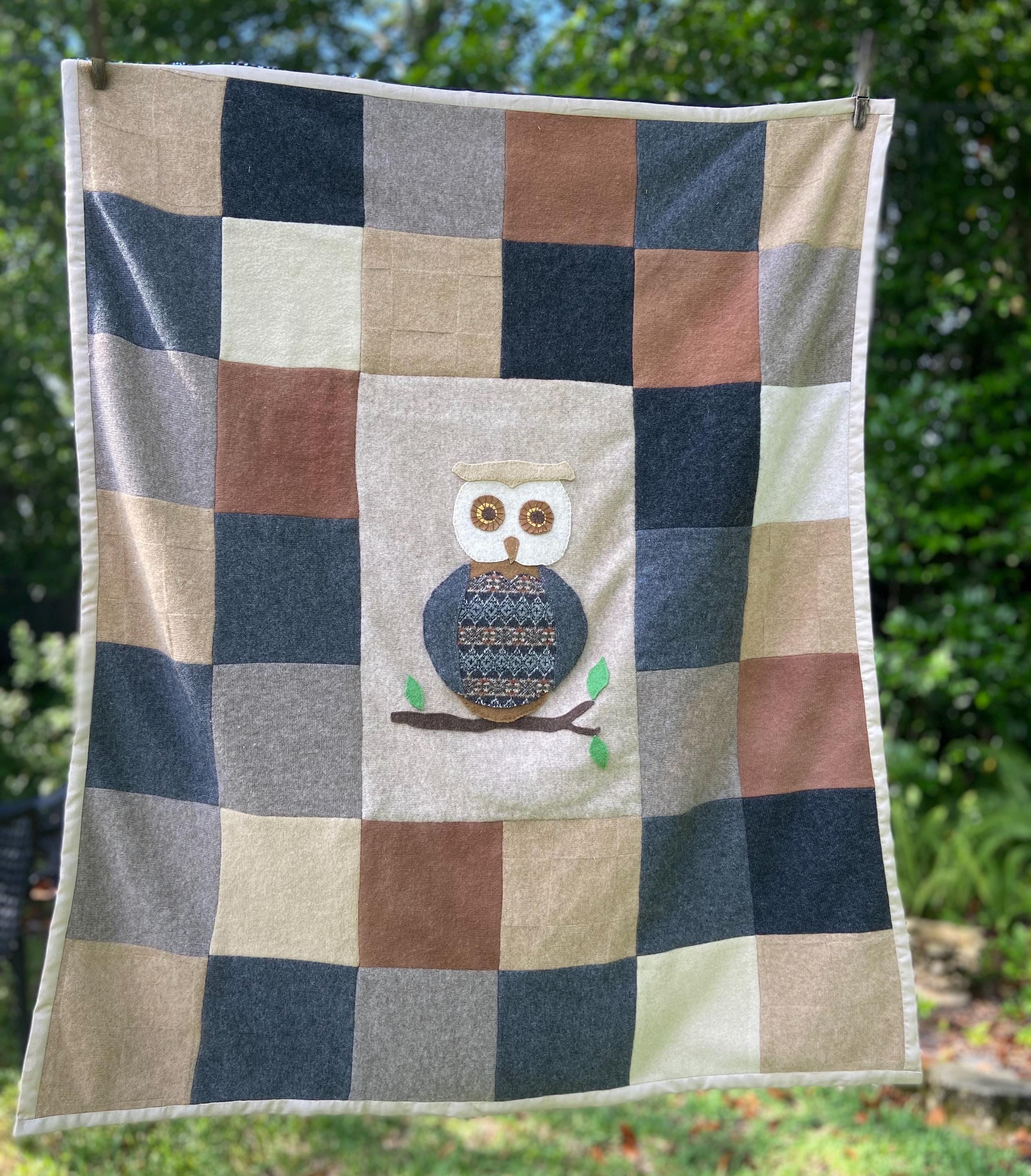 Owl Cashmere Baby Blanket Woodlands Recycled Repurposed Quilt Crib Stroller Shower Gift