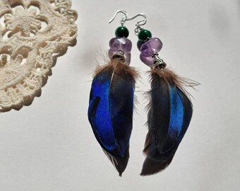 Iridescent Feathers with Amethyst, Aventurine and Sterling Silver Earrings
