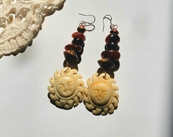 Sacred Sun Vintage Bone Carnelian Copper Earrings