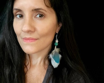 Georgous Carved Turquoise Amazonite Vintage Bone Natural Feathers Sterling Silver Earrings