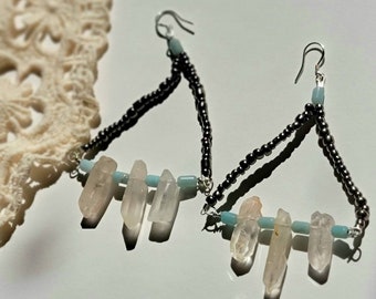Aventurine, Raw Quartz, Sterling Silver,  Glass Earrings