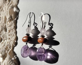 Amethyst and Wood Earrings