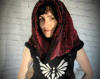 Black and Red Handknitted Cowl Hood