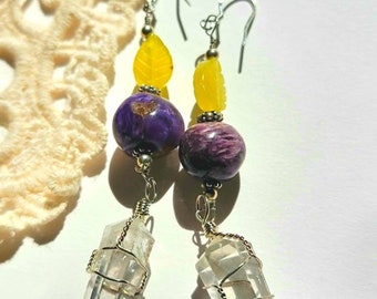 Charoite, Peridot, Quartz, Sterling Silver Earrings