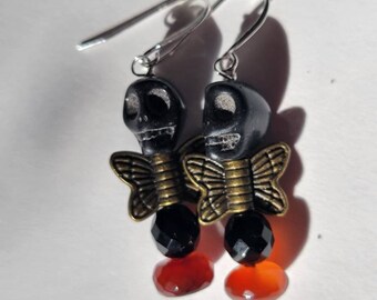Skull Fairy Stone Earrings Black Red Brass