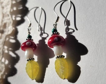 Mushroom, Peridot, Malachite, Sterling Silver, Earrings