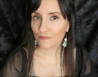 Beautiful Beryl, Shell, Sterling Silver, Natural Feathers, Glass, Long Earrings