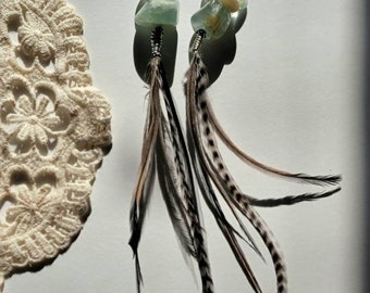 Beautiful Beryl, Shell, Sterling Silver, Natural Feathers, Glass, Long Earrings