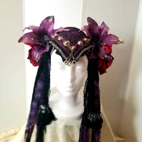 Purple Lily Red Rose Silver FCBD Fusion Belly Dance Adjustable Headdress Head Piece