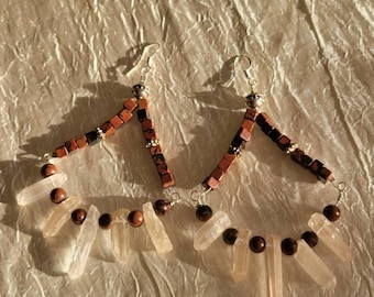 Mahogany Obsidian Triangular Quartz Crystal Drops Sterling Silver Earrings