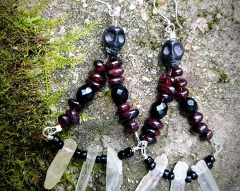 Skull, Garnet and Crystals Earrings