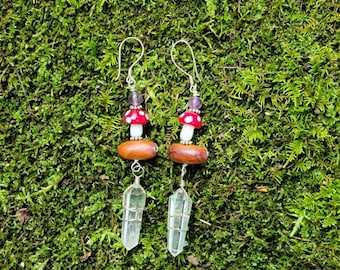 Amethyst, Glass Mushroom, Quartz, Quartz Crystal  Sterling Silver, Wood, Earrings