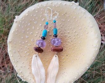 Stone Crystal Amethyst Turquoise Garnet Bone Wood Sterling Silver Boho Earrings