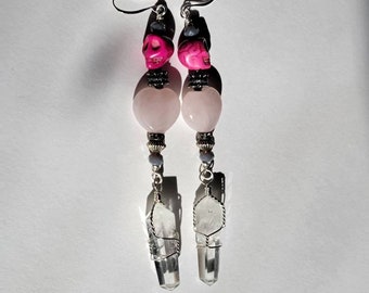 Pink Skull Rose Quartz Crystal Earrings