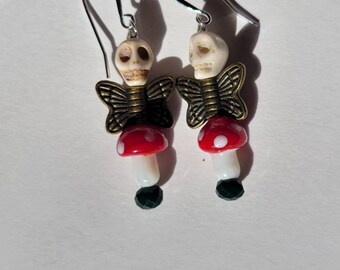 Skull Fairy Red Mushroom Earrings Sterling Silver