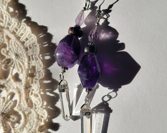 Amethyst, Sterling Silver, Quartz Crystal, Coconut Wood, Earrings