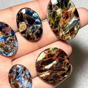 K&ouml;nnte beinhalten: Eine Sammlung polierter Pietersite-Edelsteine in verschiedenen ovalen und runden Formen. Die Steine zeigen eine Mischung aus blauen, braunen, goldenen und schwarzen Farben mit einzigartigen, wirbelnden Mustern. Die Edelsteine werden in einer Hand gehalten.