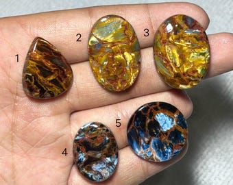 Auténtica gema de pietersita dorada, raros cabujones iridiscentes de Namibia, que calman la tormenta interior, la piedra que cambia de forma.