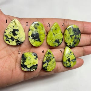 May include: Seven polished gemstones in various shapes, including teardrop and oval. The stones feature a vibrant yellow-green color with black veining. The gemstones are held in a hand, showcasing their natural beauty and unique patterns.