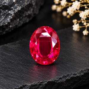 Peut inclure: Une pierre précieuse rubis de taille ovale, d'une couleur rouge vif avec une surface à facettes qui reflète la lumière. La pierre est posée sur une surface sombre et texturée, mettant en valeur sa clarté brillante et sa finition polie.