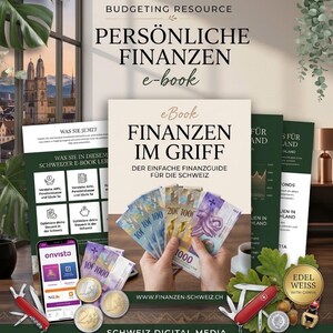 以下が含まれることがあります： FINANZEN IM GRIFFというタイトルのデジタル予算管理電子書籍。スイスフラン紙幣、Onvistaアプリを表示したスマートフォン、赤いマルチツール、硬貨が配置されている。デザインにはドイツ語のテキストとスイスの背景が含まれている。
