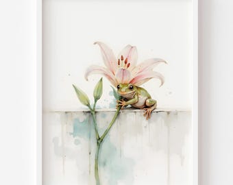 Frog and Lily Printable Wall Art, Botanical Watercolor, Whimsical Garden Decor, Cottagecore Digital Download