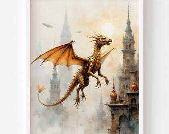 Steampunk Dragon Art Print – Vintage Fantasy Illustration, Moody Industrial Castle Decor (Digital Download)