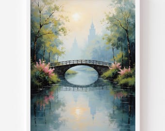 Vintage River Bridge Landscape Print – Painterly Cottagecore Nature Art (Digital Download)