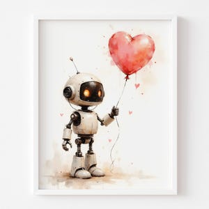 Niedlicher Retro Roboter mit Herzballon - spielerisches Aquarell druckbare Kunst, kinderfreundliche Wanddekoration, herzerwärmender digitaler Download 1034