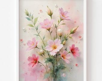 Pink Wildflower Bouquet Watercolor Print - Vintage Cottagecore Art (Digital Download)