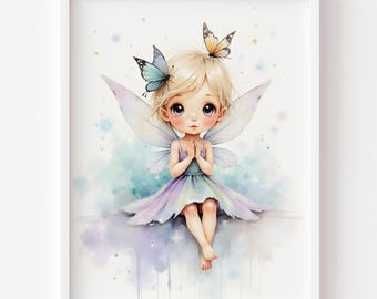 Printable Fairy and Butterfly Art - Whimsical Nursery Wall Decor, Magical Child's Room, Enchanting Fairyland, Pastel Colors Illustration 846