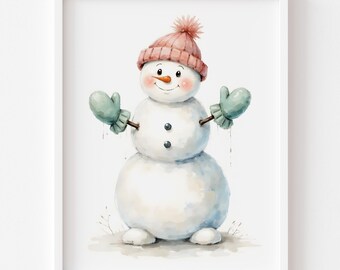 Stampa ad acquerello di un pupazzo di neve festivo – Allegra decorazione invernale per la cameretta (download digitale)