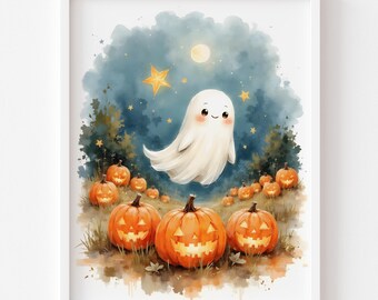 Ghost and Pumpkins Halloween Print – Cozy Autumn Cottagecore Wall Art (Digital Download)