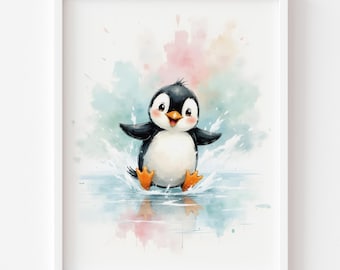 Playful Penguin Watercolor Illustration – Nursery Wall Art (Digital Download)