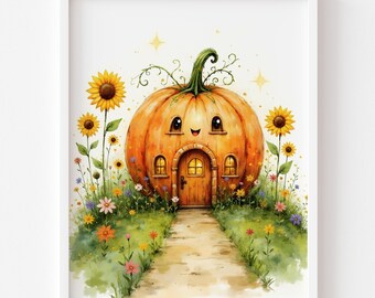 Kürbishaus Kunstdruck - Herbst Herbst Dekor - Herbst Dekoration (Digitaler Download)